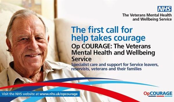 The NHS logo and the words The Veterans mental Health and Wellbeing Service.  The first call for help takes courage.  Op COURAGE:  The Veterans Mental Health and Wellbeing Service