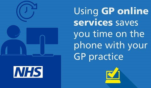 the nhs logo and the words using GP online services saved you time on the phone with your GP practice