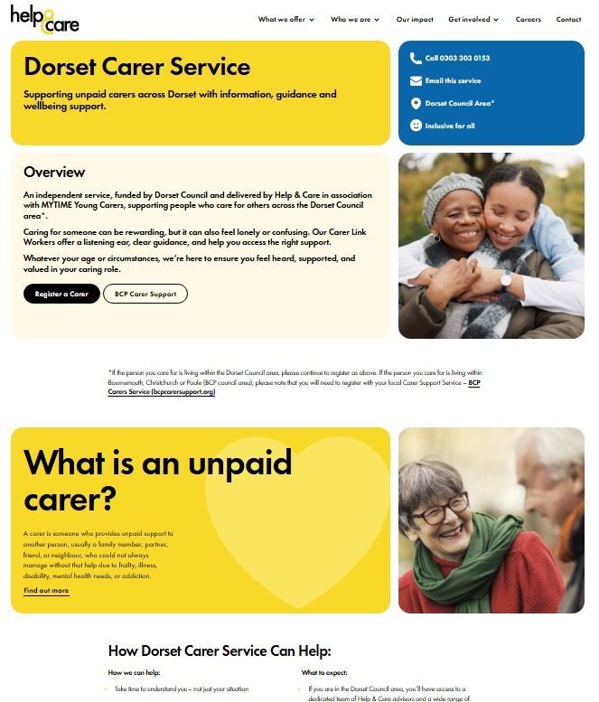 A screenshot of the Help & Care webpage for the Dorset Carer Service