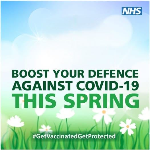 a cartoon image of spring flowers and sky, the NHS logo and the words Boost your defence against COVID-19 this Spring #GetVaccinated #GetProtected